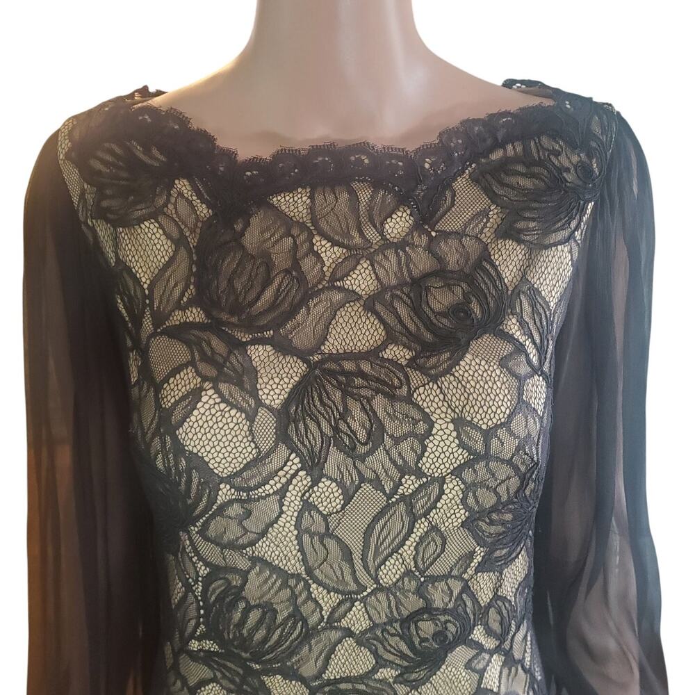 Tadashi Shoji Size 2 Sheer Balloon Sleeve Lace Cocktail Dress Nude Lining Zip